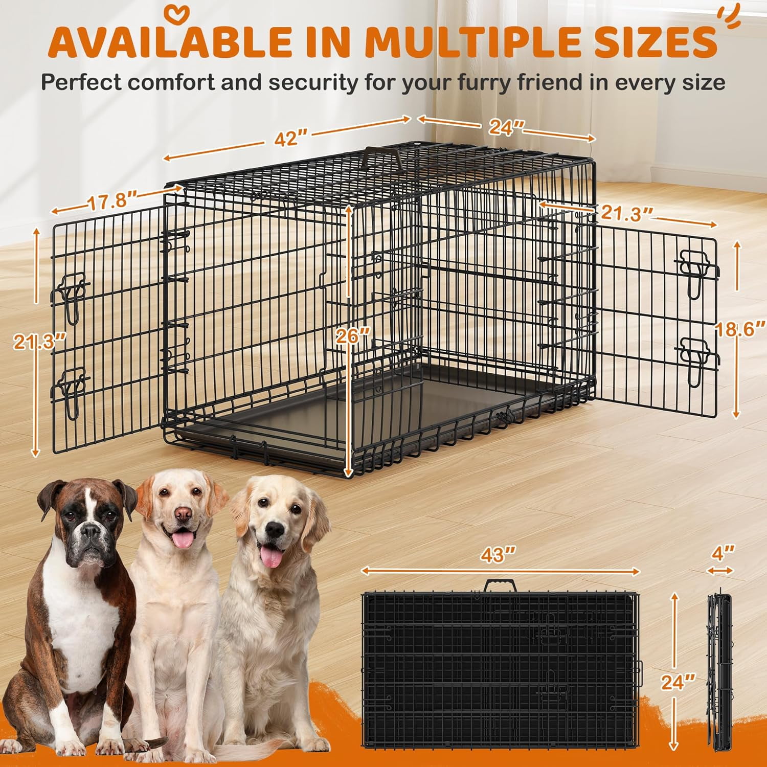 LibraMAl 42 inch Double Door Dog Crate w/Divider for Puppy to Adult XL Collapsible Metal Crate with Removable Tray Wire Dog Kennel for Large Dogs Portable Travel Cage, Black