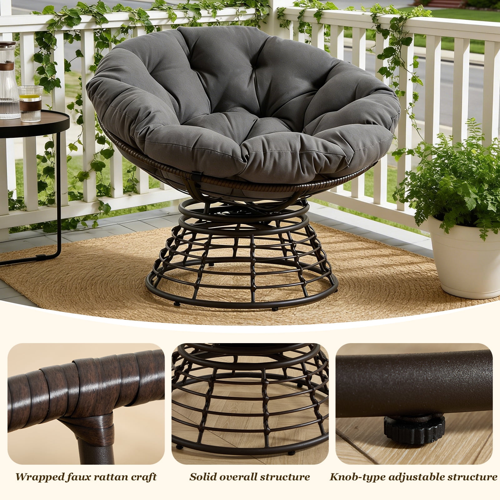 MOONMISS 360° Swivel Wicker Papasan Chair with Soft Thick Cushion for Living Room,Gray