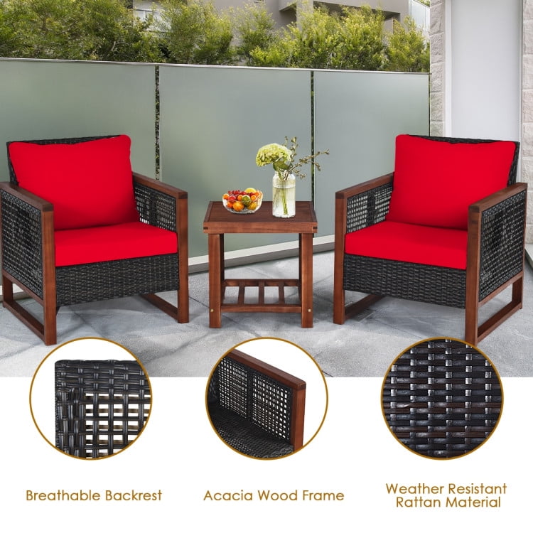 Aimee Lii 3 Pieces Patio Rattan Furniture Set with Washable Cushion and Acacia Wood Tabletop, Small Patio Set, B-Red Aimee Lii 3 Pieces Patio Rattan Furniture Set with Washable Cushion and Acacia Wood Tabletop, Small Patio Set, B-Red