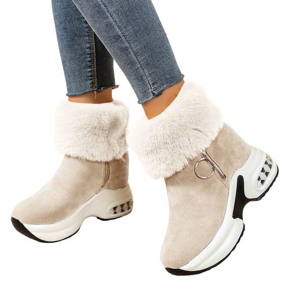 Platform Ankle Boots for Women Winter Trendy Suede Plush Warm High Top Sneakers with Air Cushion Casual Zipper Booties White Size 8.5