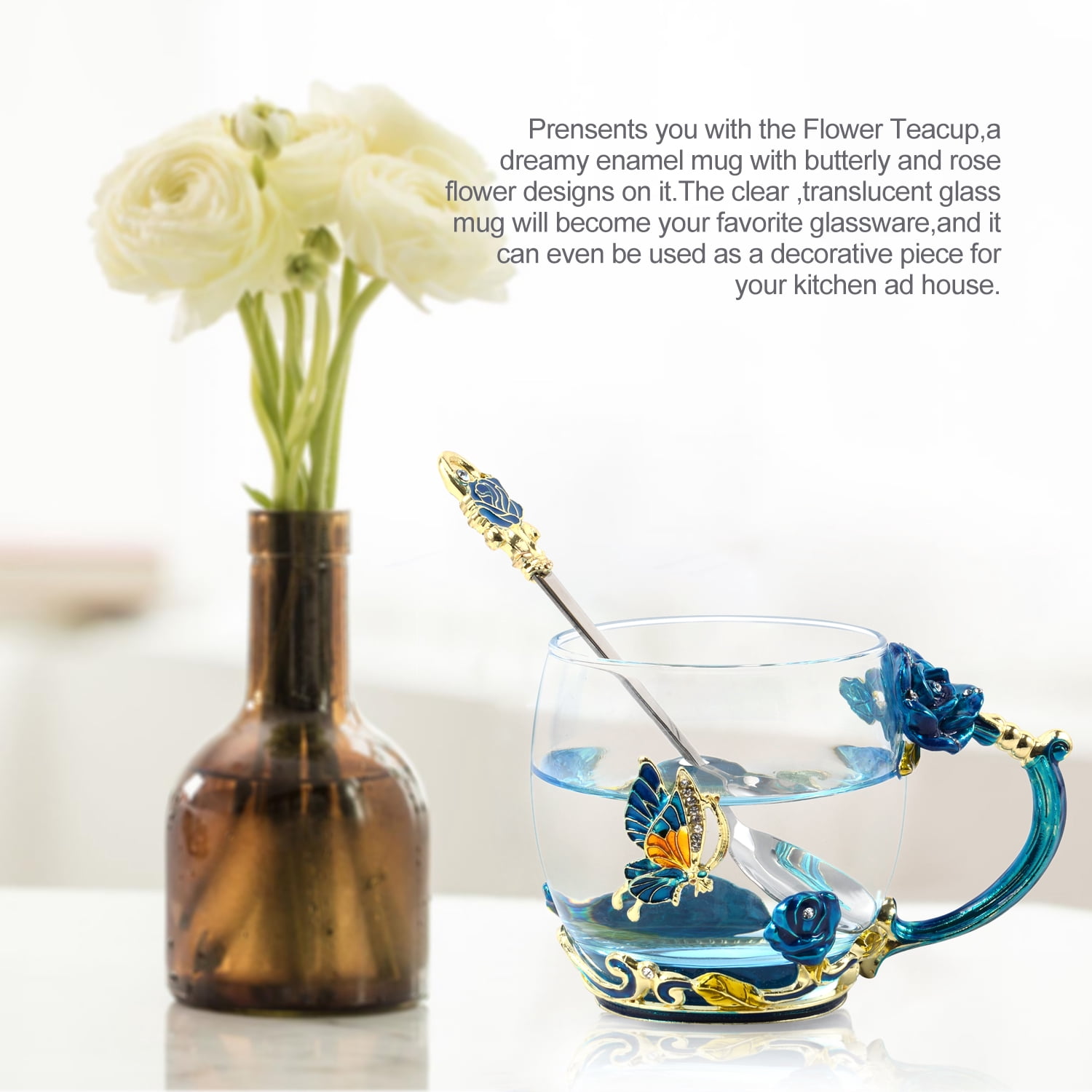 Tea Mug, Coffee Cup with Spoon Set Clear Glass Handmade Enamel Butterfly Flower,Mother's Day,Birthday,Christmas Gift