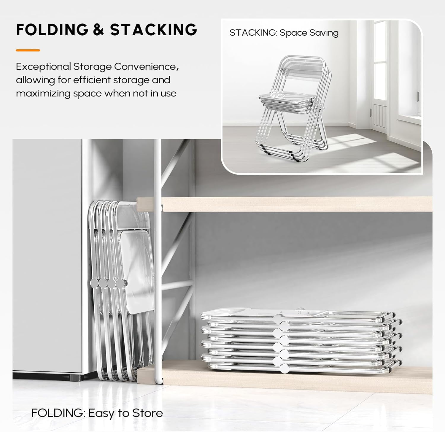 VINGLI Folding Chairs 4 Pack, Clear Chair Foldable and Stackable, Acrylic Plastic Panel & Metal Chrome Frame, Weight Capacity 350 lbs, Transparent