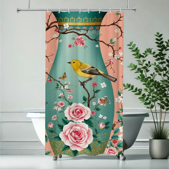 RKSupls Chinoiserie Vase with Birds and Flowers Shower Curtain, Valentine's Day Waterproof Shower Curtain with Hooks for Home Bathtub Bathroom Decor Washable Fabric Curtains,90x180cm