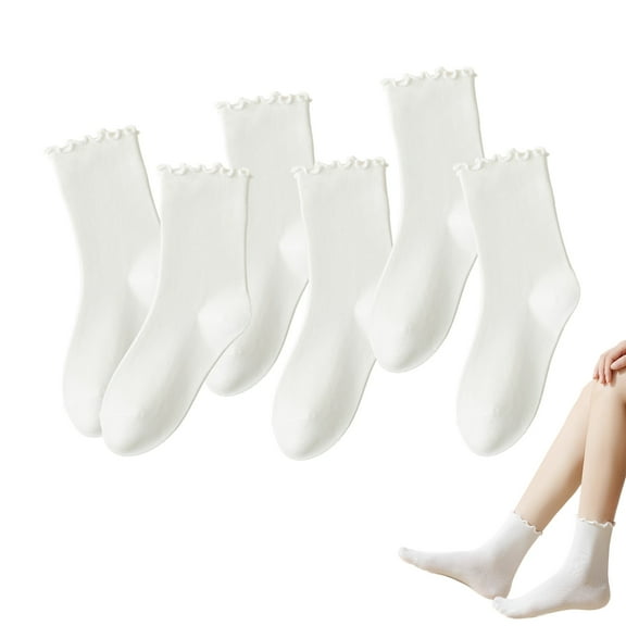 Livease 6 Pairs White Ruffle Socks for Women, Mid Crew Socks, Cute Slouchy Turn-Cuff Frilly Sock