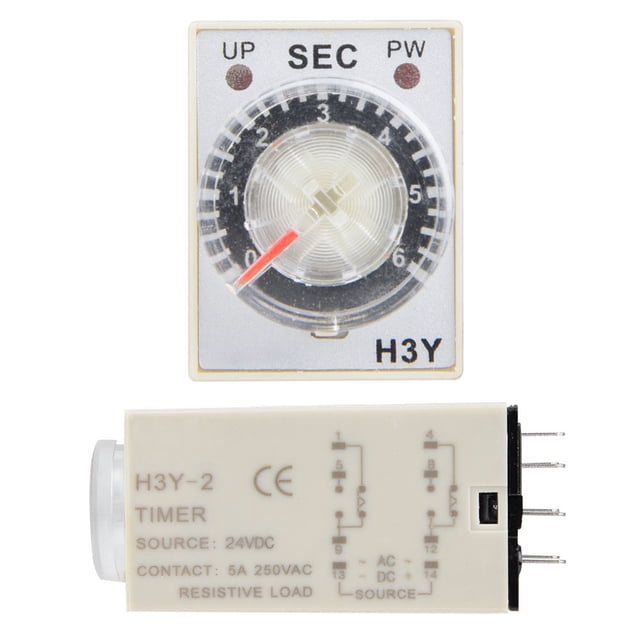 Time Relay Timer Switch 24V DC H3Y-2 Delay Timer with Adjustable Transparent Dial 1S/3S/6S/10S/30S/60S for Industrial Control