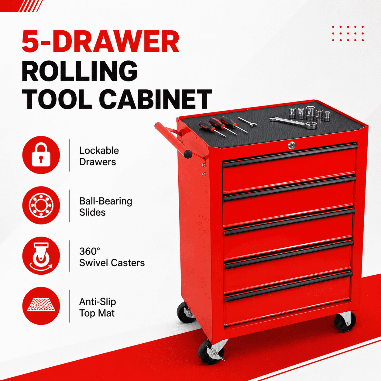 Seizeen 5-Drawer Roller Tool Box, Lockable Metal Storage on Wheels