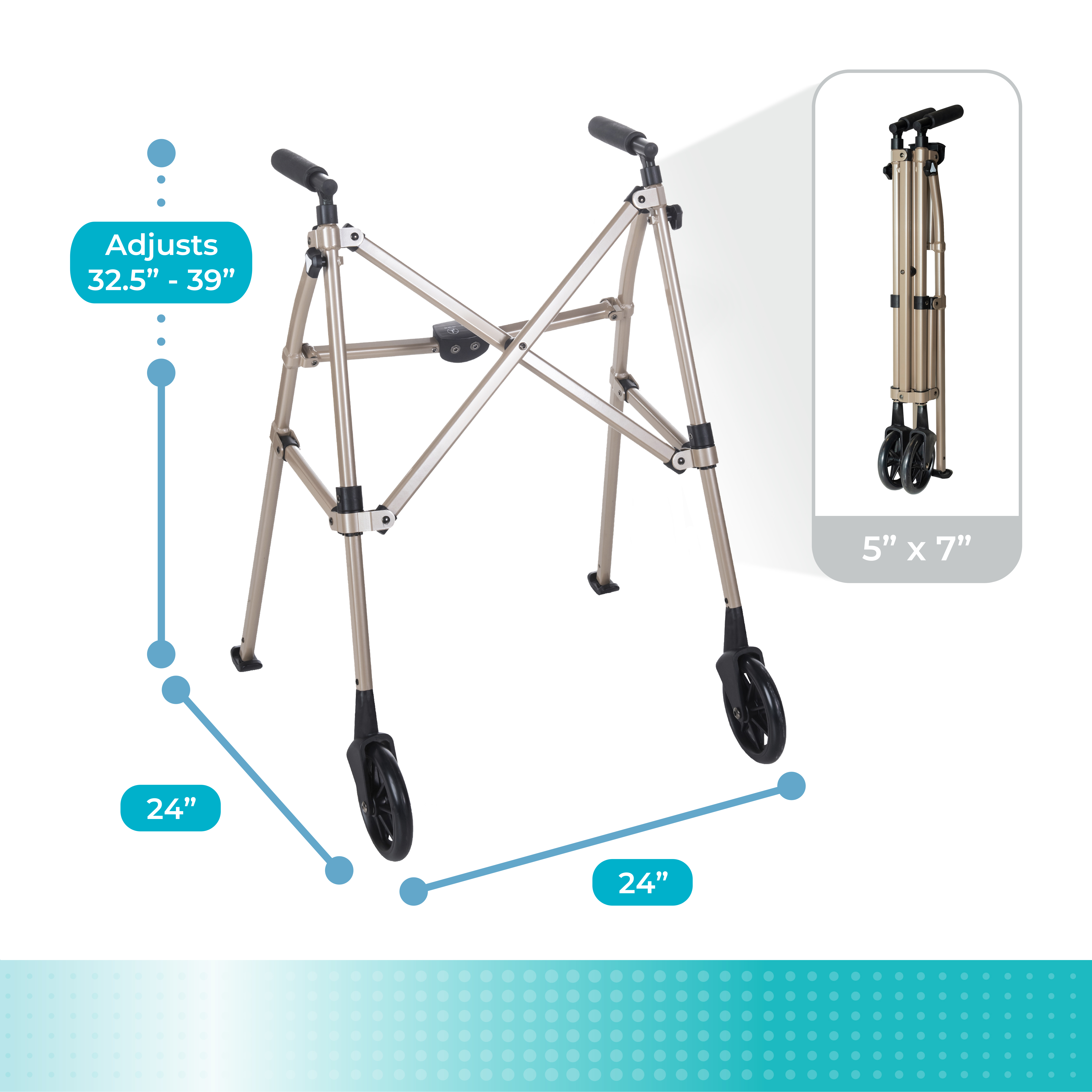 Stander Space Saver Walker, Lightweight Folding Walker for Seniors, Adult Walker with Wheels, Two Wheeled Rolling Walker with Rear Ski Glides, Desert Sand