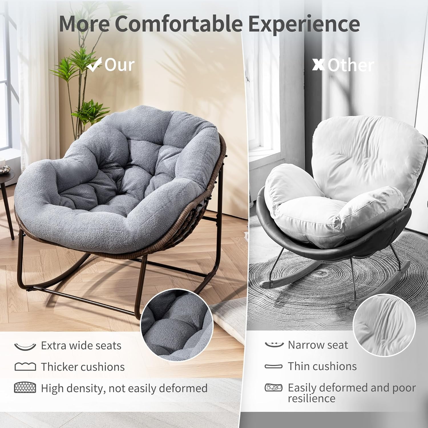 MOONMISS Outdoor Patio Rattan Oversized Rocking Chairs Set of 2 with Teddy Padded Cushion-Gray