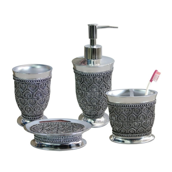 nu steel Beaded Heart Resin Bath Accessory Set for Vanity Countertops, 4 piece Luxury ensemble includes soap dish, toothbrush holder, tumbler, soap and lotion pump, Chrome