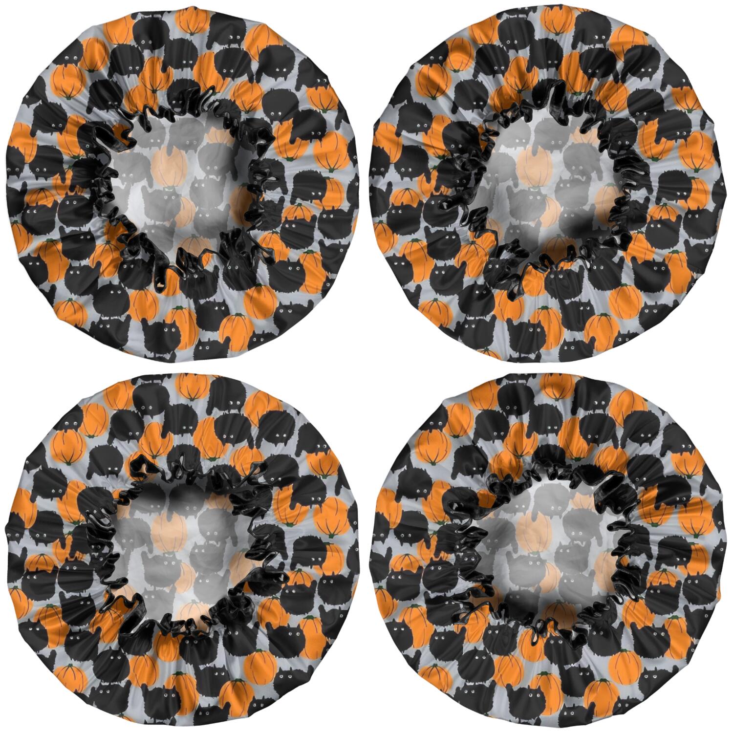 Shower Caps,Halloween Black Cat Pumpkin Pattern Waterproof Shower Cap for Women 4 Pieces,Double Reusable Hair Cover for Shower PEVA Elastic Stretch Hem