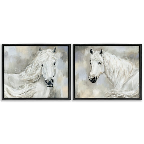 Stupell Industries Charming White Horses Animals Painting Black Floater Framed Canvas Art Print Wall Art, 21 x 17, Set of 2