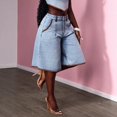 thumbnail image 2 of Women’s High Waisted Denim Bermuda Shorts Wide Leg Knee Length Jean Shorts with Pockets, Light Blue, 2 of 5