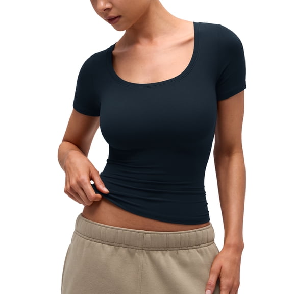 CRZ YOGA Softembrace Tops for Women Casual Soft Going Out Short Sleeve Shirts Sexy U Neck Tight Fitted Tees