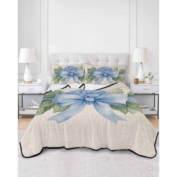 Quilts Twin Size, Hydrangea Flower Soft Comforter Bedding Set for Bed, Pastoral Blue Bow Floral Spring Lraf Lightweight Quilted Bedspread with Pillow Cover(2 Pieces) for All Season, 68x86 Inch