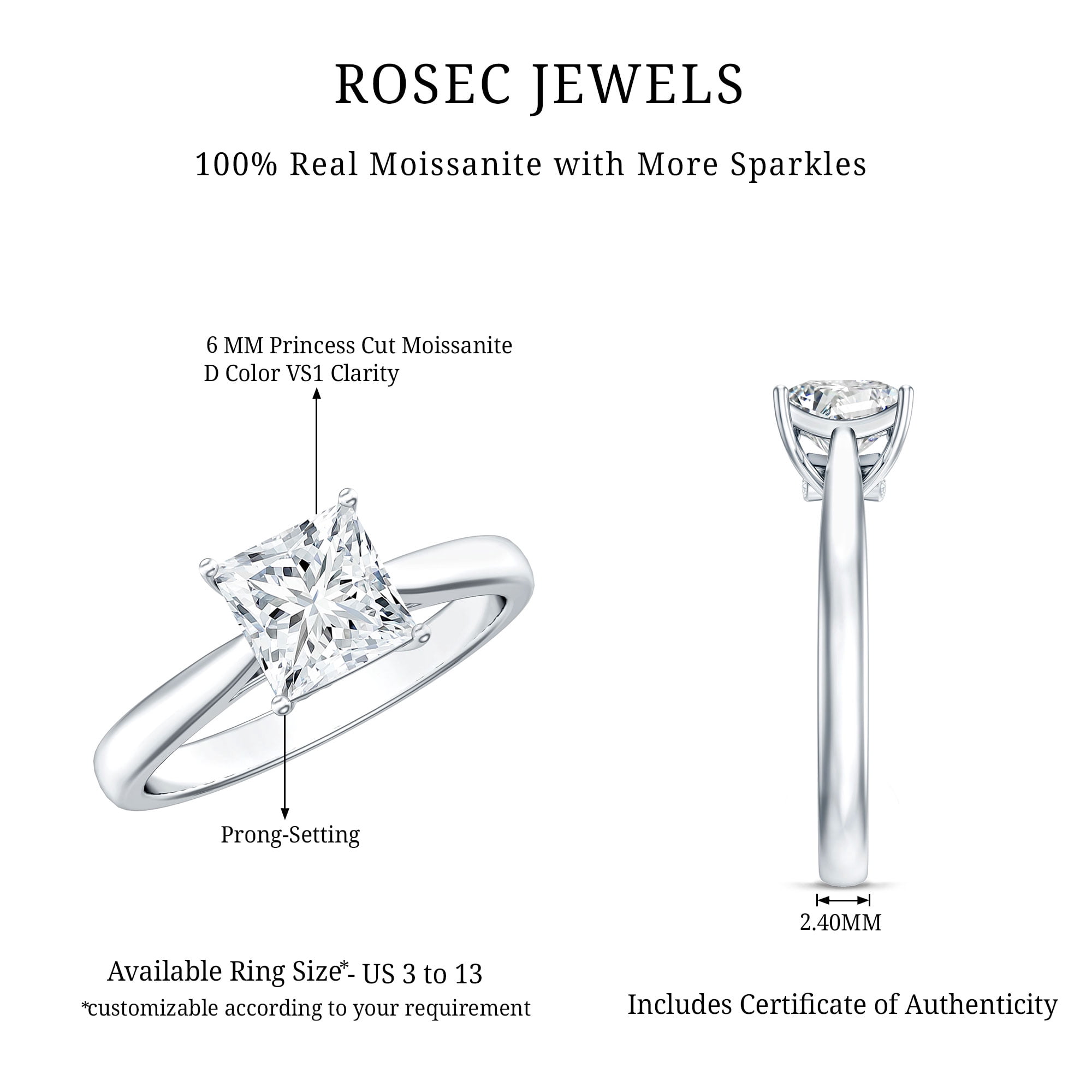 Rosec Jewels Princess Cut Moissanite Solitaire Engagement Ring for Women - 6 mm - 1 Carat Ring - D-VS1 Quality Certified, 14K White Gold, US 10.50