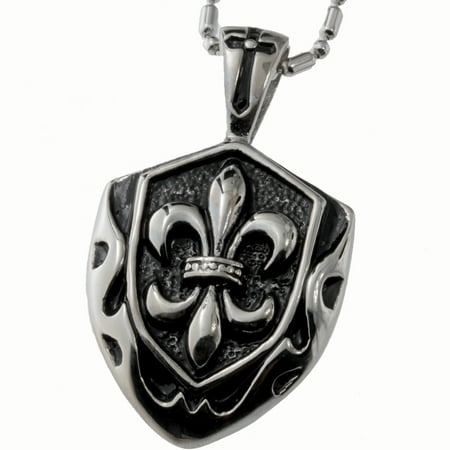 R.H. Jewelry Stainless Steel Pendant, Vintage Fleur-de-lis Shield Necklace  …