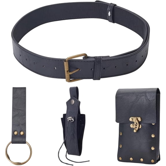 Renaissance Cosplay Belt Pouch Black Leather Belt Bag Medieval Vintage Belts Bag Set