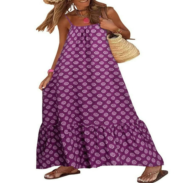 Femmes Boho Floral Robe Sans Manches Spaghetti Sangle en Vrac Plage Longue Robe