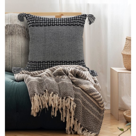 Laddha Home Designs Handwoven Geometric Cotton Throw Pillow Cover - 20" - Black and White