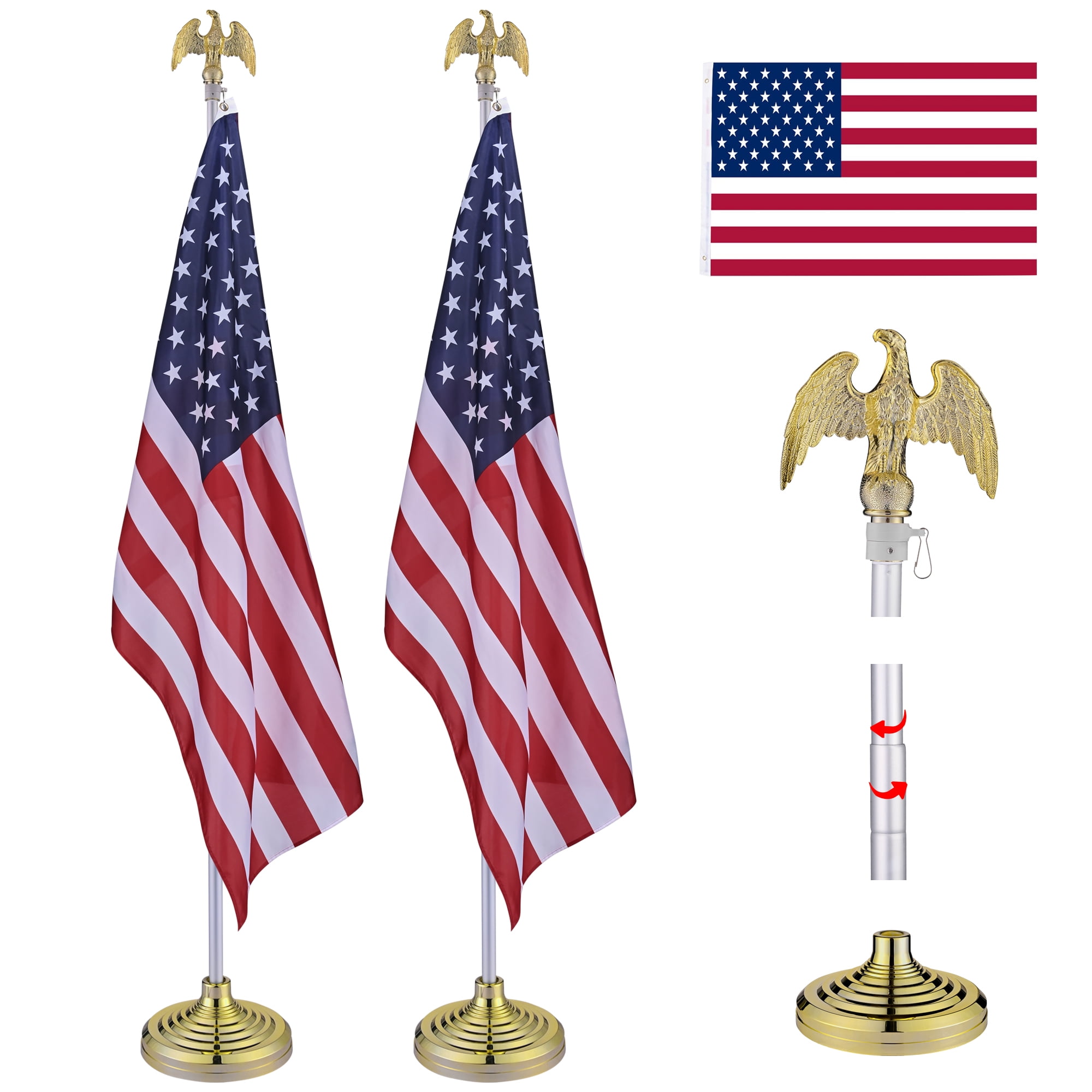 American Flag Kit 3x5 USA American Flag w/ 6' White Flagpole Gold Eagle Topper 
