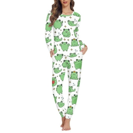 

Renewold Trendy Pajamas for Women Long Sleeve Scoop Neck Comfortable Nightwear Winter Night Green Cute Frogs Print Sleepwear Casual Sport Jogger Walking Lounge Set Size L