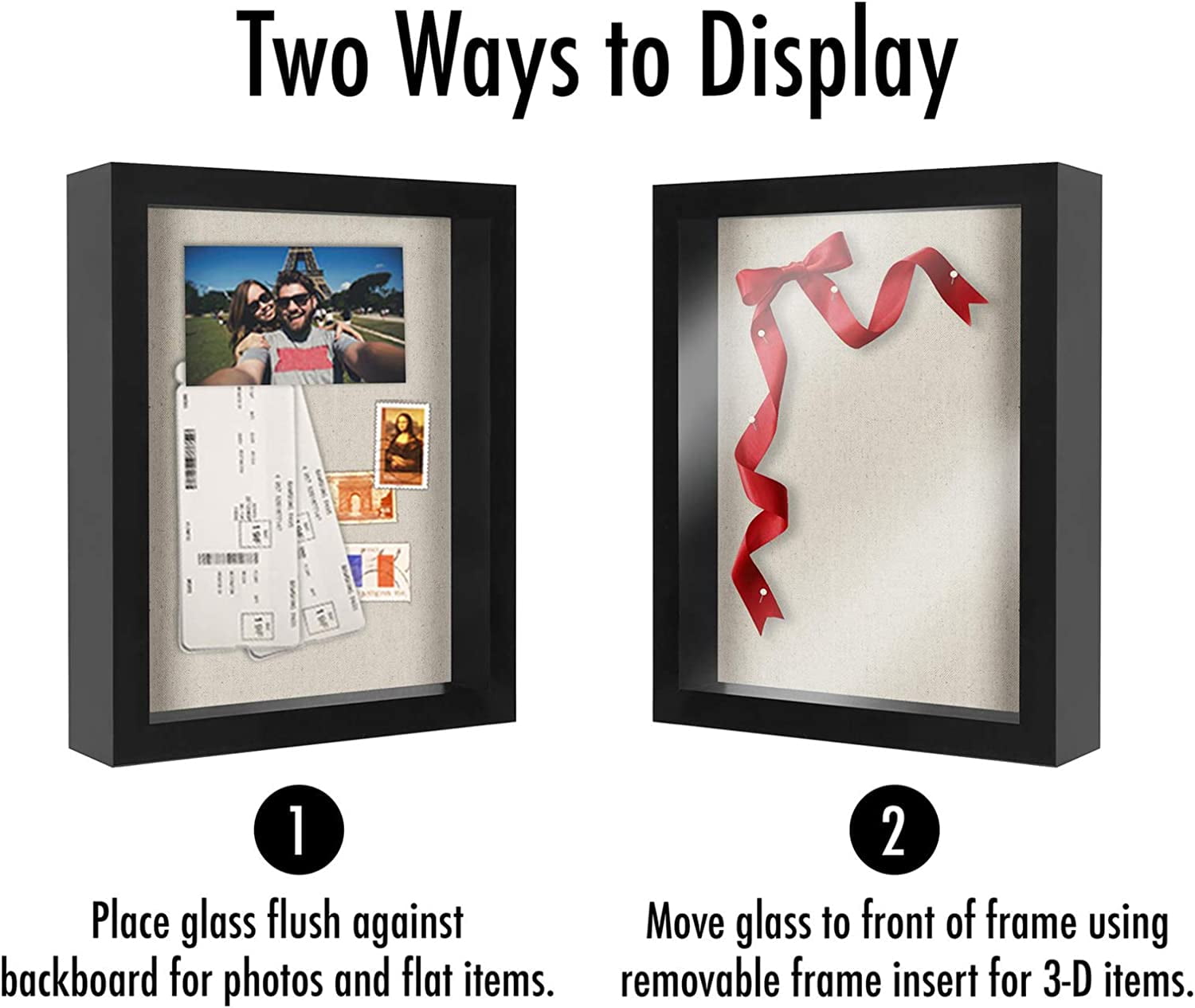Americanflat 8.5x11 Shadow Box Frame in Black with Soft Linen Back - Composite Wood Frame with Shatter Resistant Glass for Wall and Tabletop - Memory Box with Pin Board - 2 Pack