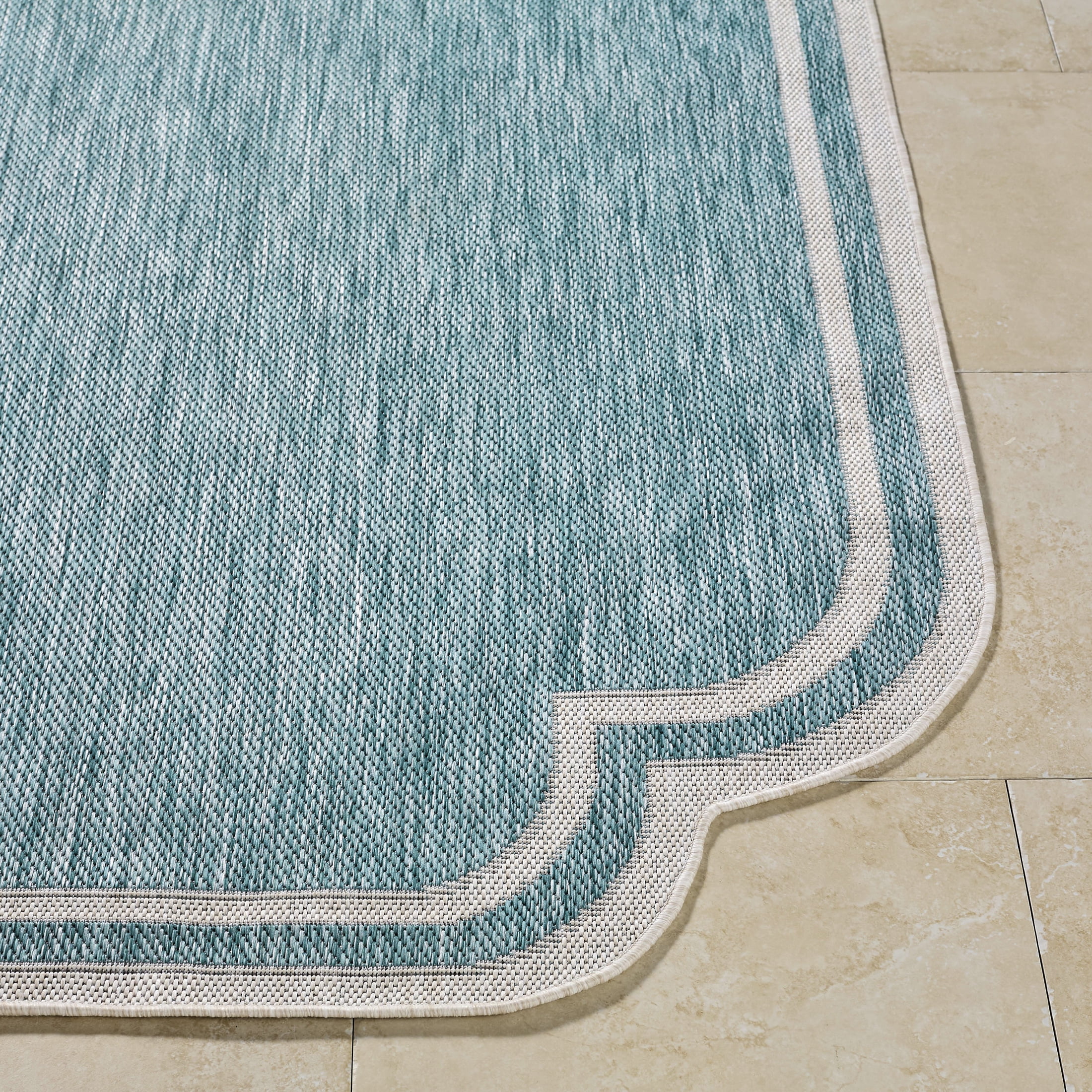Livabliss Miami Beach Modern Border Outdoor Area Rug, 9'2" x 12', Aqua/White