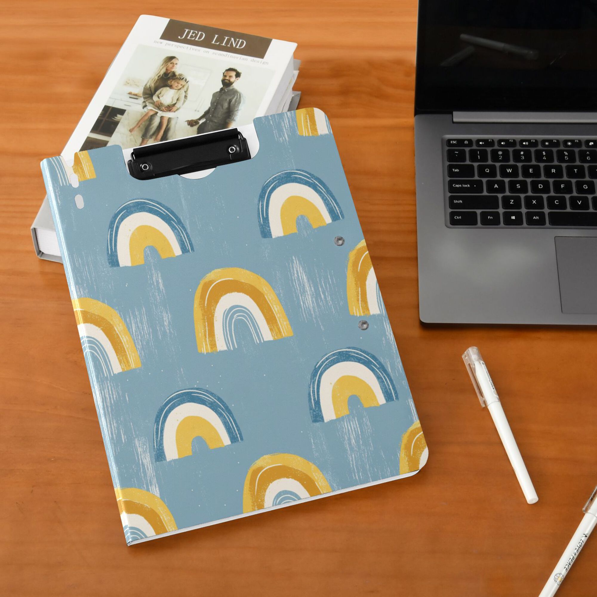 FORMRS A4 Clipboard Folder with Pen Holder Horizontal Foldable School Office Binder, Light Blue Rainbow