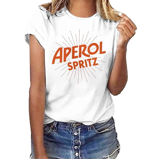 Hauts de Printemps pour Femmes Aperol Spritz Graphique Manches Courtes T-Shirt Décontracté Col Rond pour Femmes Blanc m