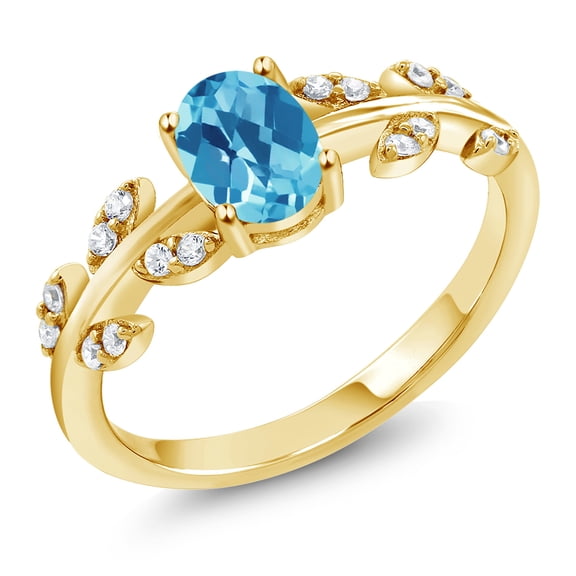 Gem Stone King 18K Yellow Gold Plated Silver 1.21 Ct Oval Checkerboard Swiss Blue Topaz Greek Olive Vine Branch Engagement Ring