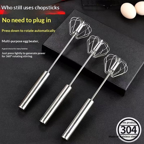 Semi-automatic egg beater, compact, home use, stainless steel, manual cream whipping device, handheld mixer, egg beating gadget.