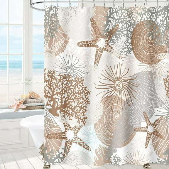 Beach Ocean Themed Shower Curtain, Brown Cute Nautical Coastal Shower Curtains for Bathroom Decor, Summer Tropical Seashell Starfish Coral Fabric Shower Curtain Set with Hooks, 72x72