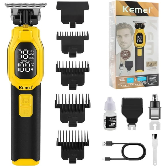 KEMEI Professional 3-in-1 Complete Grooming Tools for Men, Cordless Beard Trimmer, Electric Facial, Ear & Nose Trimmer, Rechargeable Hair Clippers, Gifts for Men
