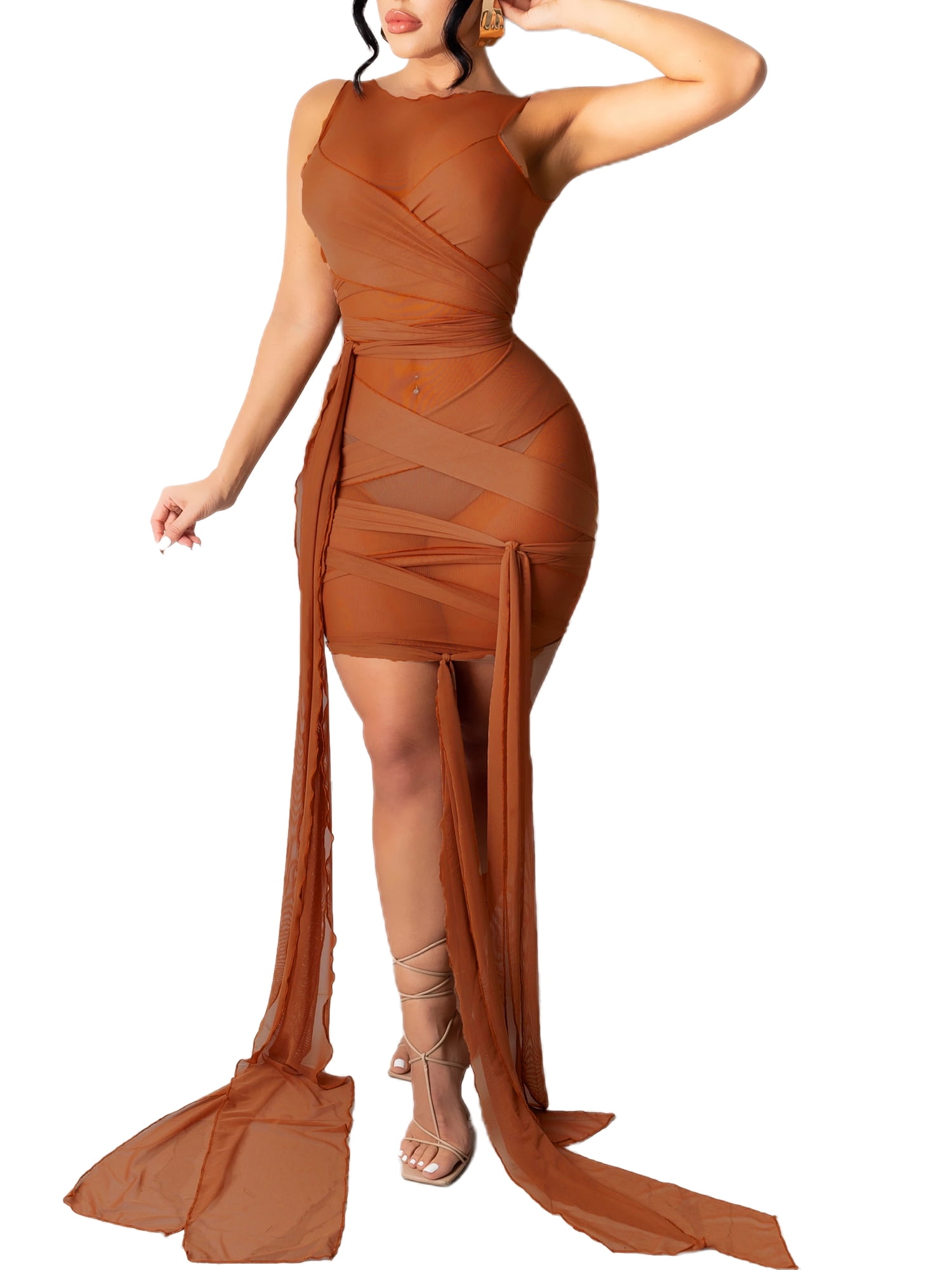 Womens See Through Bodycon Dress Sleeveless Sheer Mesh Club Wear Dress Irregualr Lace Up Bandage 