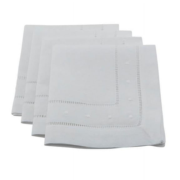 SARO 12 in. Swiss Dot Square Embroidered & Hemstitched Napkin - White Set of 4