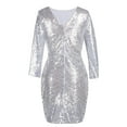 thumbnail image 2 of Women's 3/4 Sleeve V Neck Sequin Sparkle Glitzy Glam Wedding Party Dress Flapper Evening Club Cocktail Bodycon Clubwear XL Silver, 2 of 6