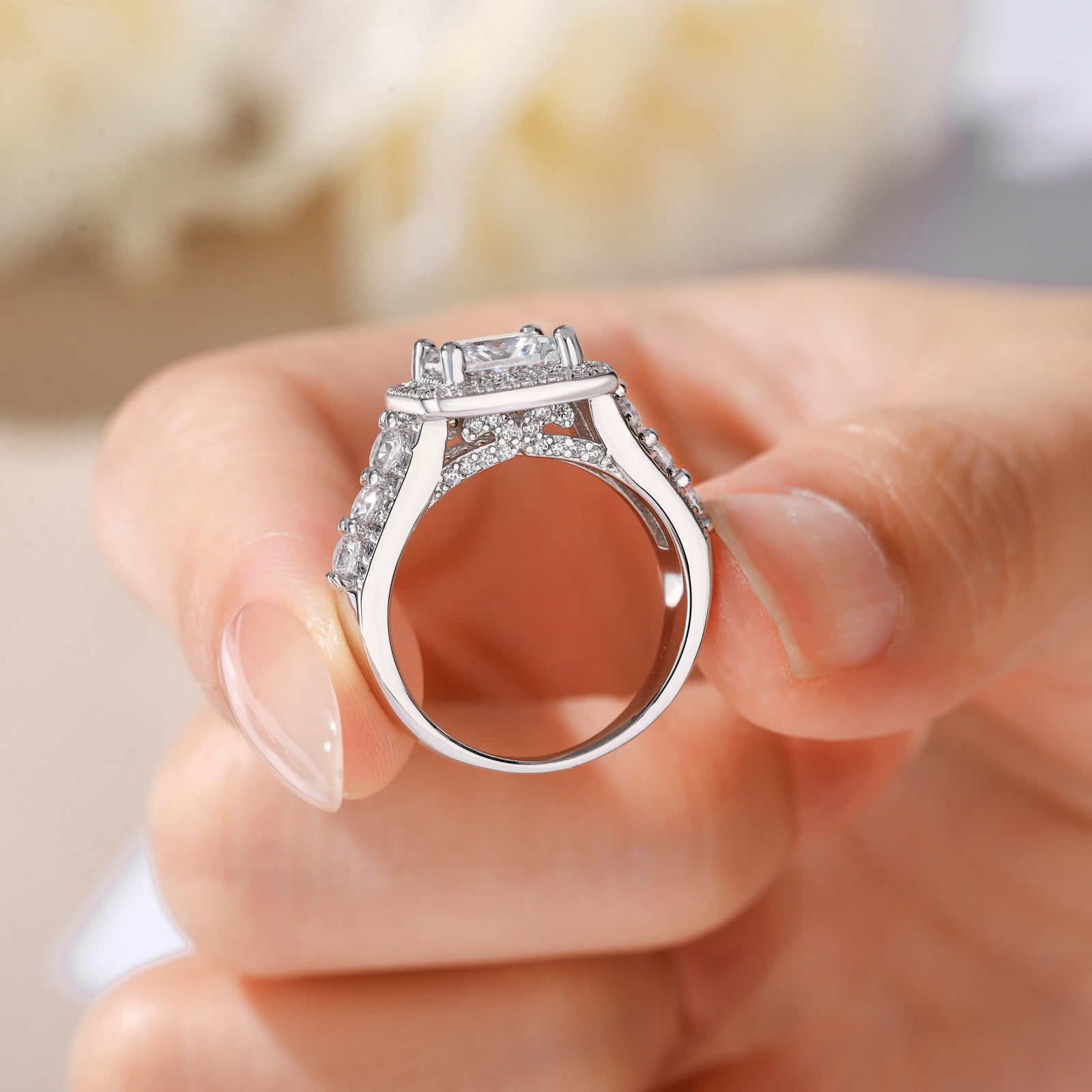 SFTING Wedding Rings for Women Halo Princess Cut Engagement Rings Enternity 5A CZ Silver 18K Plated Jewelry Promise Rings for Her Size 7