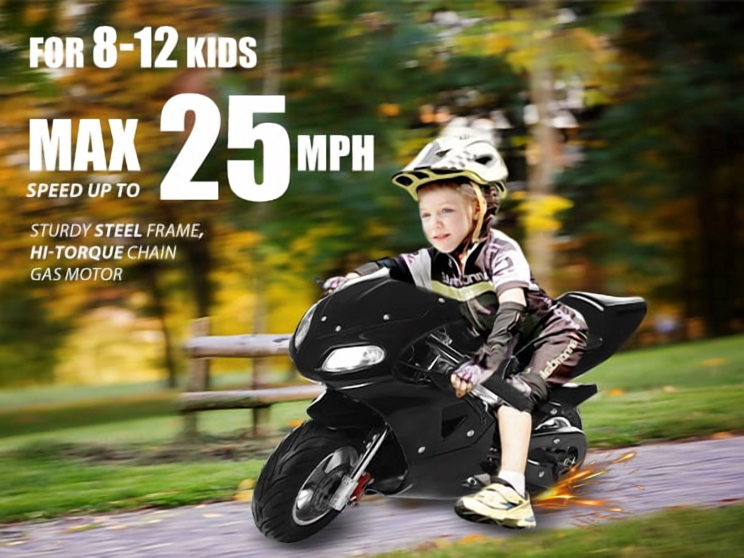 Korogimeeet Youth Black Pocket Bike 49cc 2-Stroke, Gas Powered Mini Motorcycle with Dual Headlights, Disc Brakes, Pull Start, 170 lb Weight Capacity, 20 Miles Per Tank, 40 x 21 x 23 Inch