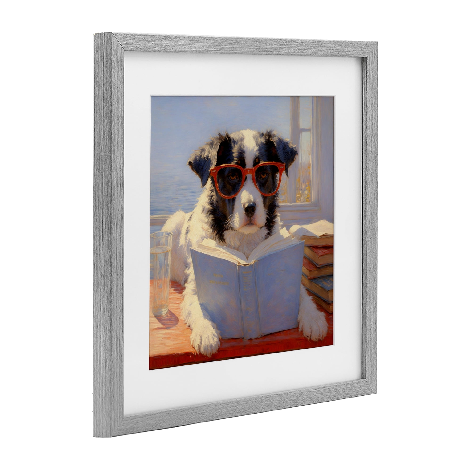 Stupell Industries Sunlit Dog Reading By Window Gray Framed Print Under Glass, design by Angie Hawke