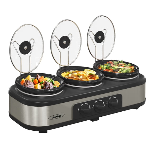 Superjoe Triple Slow Cooker 3x1.5 Quart Electric Food Warmer Pot Buffet Server, Adjustable Temp Removable Ceramic Pots Lid Rests