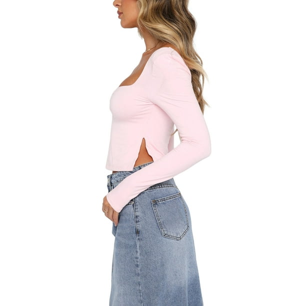 Qtinghua Women's Long Sleeve Sweetheart Neck Crop Top Sexy