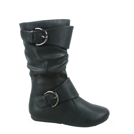 

Klein-80k Girls Kid s Causal Round Toe Flat Heel Buckles Zipper Slouchy Mid Calf Boots Shoes ( Black. 3 )