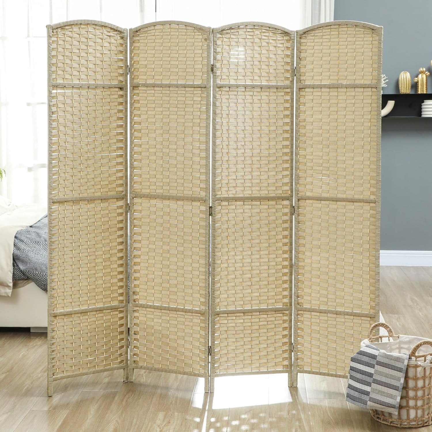 NIUMU Room Divider, 4 Panel Folding Privacy Screen, 5.6' Tall Freestanding Partition for Home Office, Bedroom, Beige
