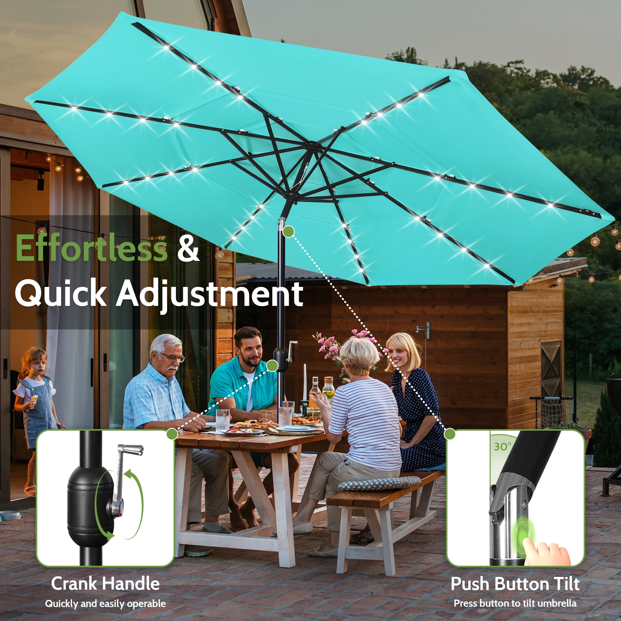 Scafild | 10ft Outdoor Patio Umbrellas with Solar Lights, 3 Tier Vented Large Market Table Umbrella with 8 Sturdy Ribs & 1.5" Pole UV Protection for Garden Deck Backyard Pool - Peacock Blue
