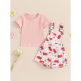 thumbnail image 4 of Aojekbee Toddler Girl Summer Outfit Solid Color Ribbed Short Sleeve Tops and Flower Print Suspender Shorts Overalls 2Pcs Clothes Set, 4 of 10