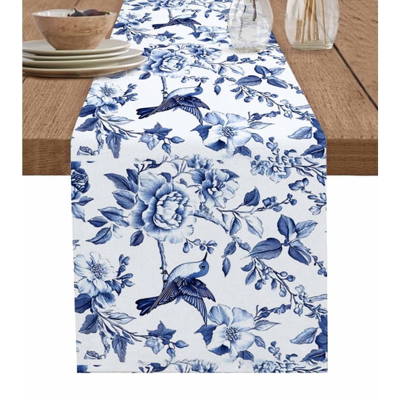 Table Runner Blue Flowers Table Decoration for Kitchen Dinning Bird Table Decoration for Indoor Outdoor Party Wedding Decor 13x72 Inch