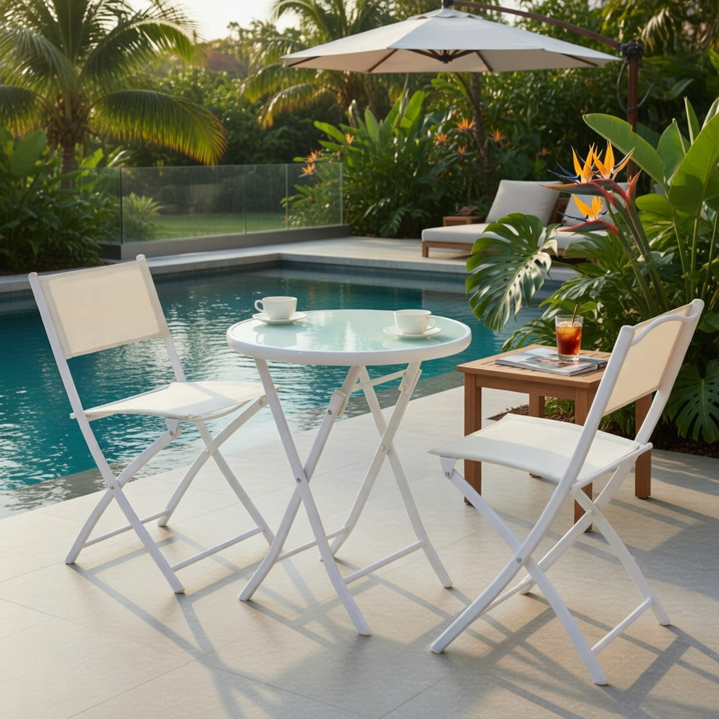 Hommoo 3-Piece Foldable Outdoor Bistro Set, 2 Chairs + Glass Top Coffee Table for Balcony, Patio & Garden, White