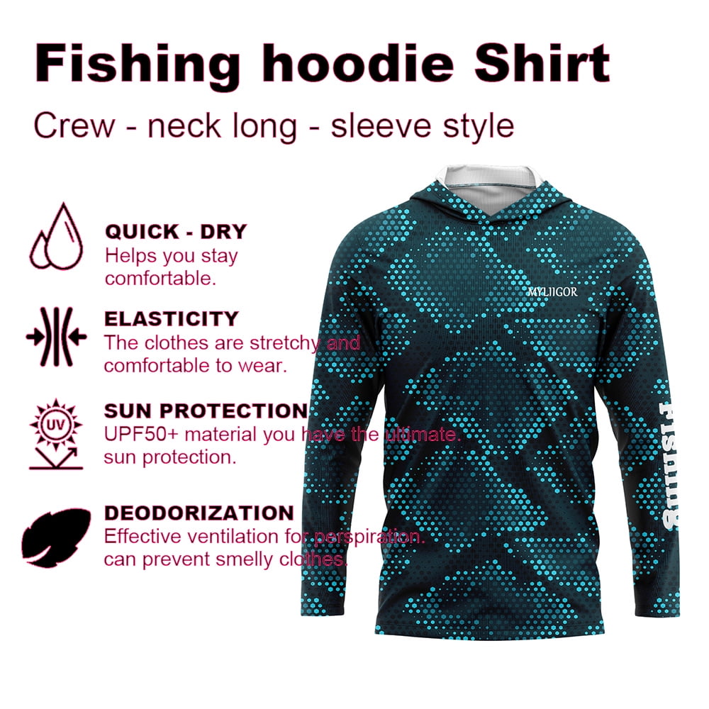 Myliigor Upf 50 Lightweight Sun Blocking Water Sports Mens Fishing Shirts Fast Dry Long Sleeve Hooded T-Shirt Blue L