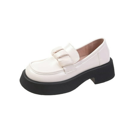 

Rotosw Women Leather Shoe Slip On Loafers Comfort Casual Shoes Non-slip Platform Flats Uniform Fashion Mary Jane Beige 5