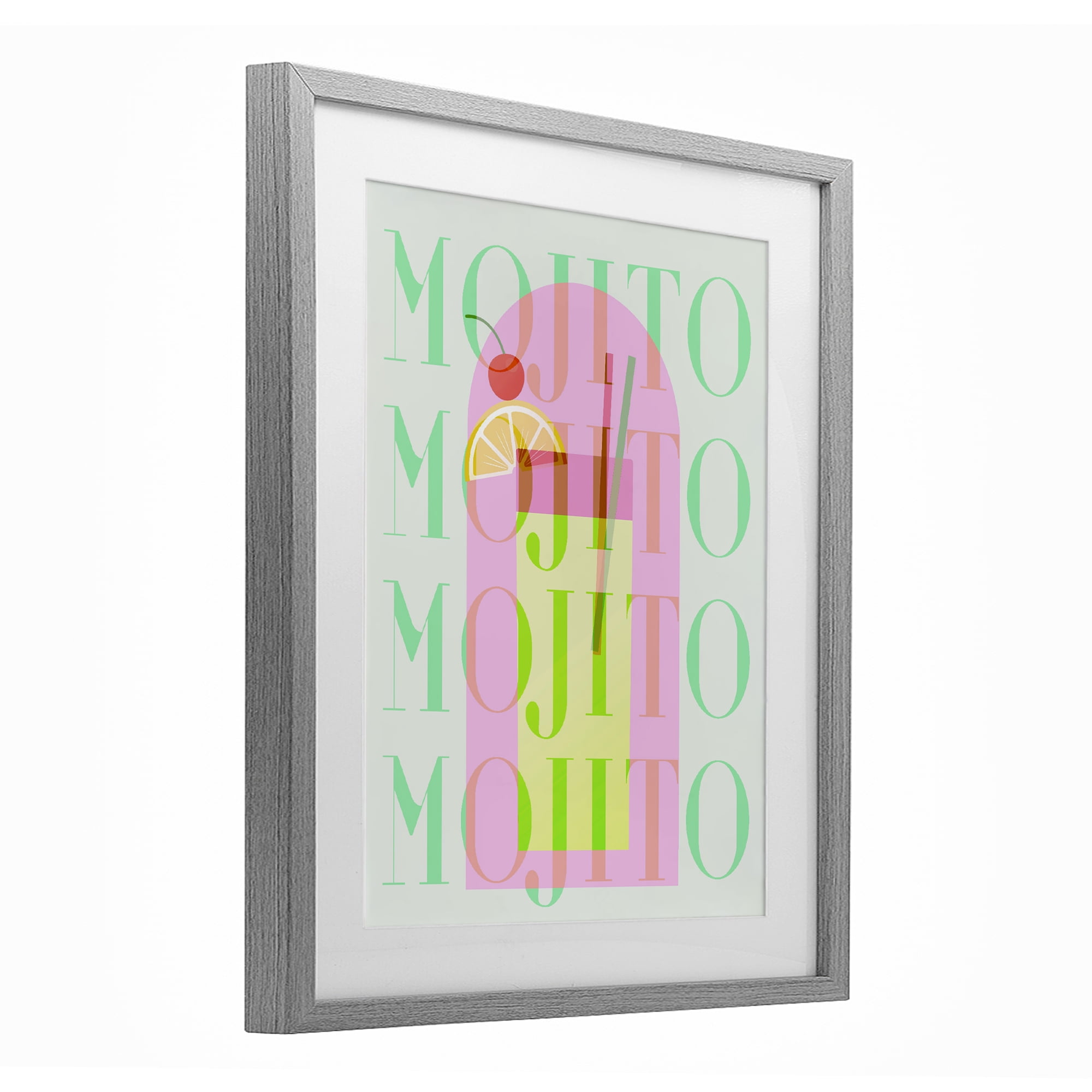 Retro Pastel Mojito Gray Framed Print Under Glass, design by Lil' Rue